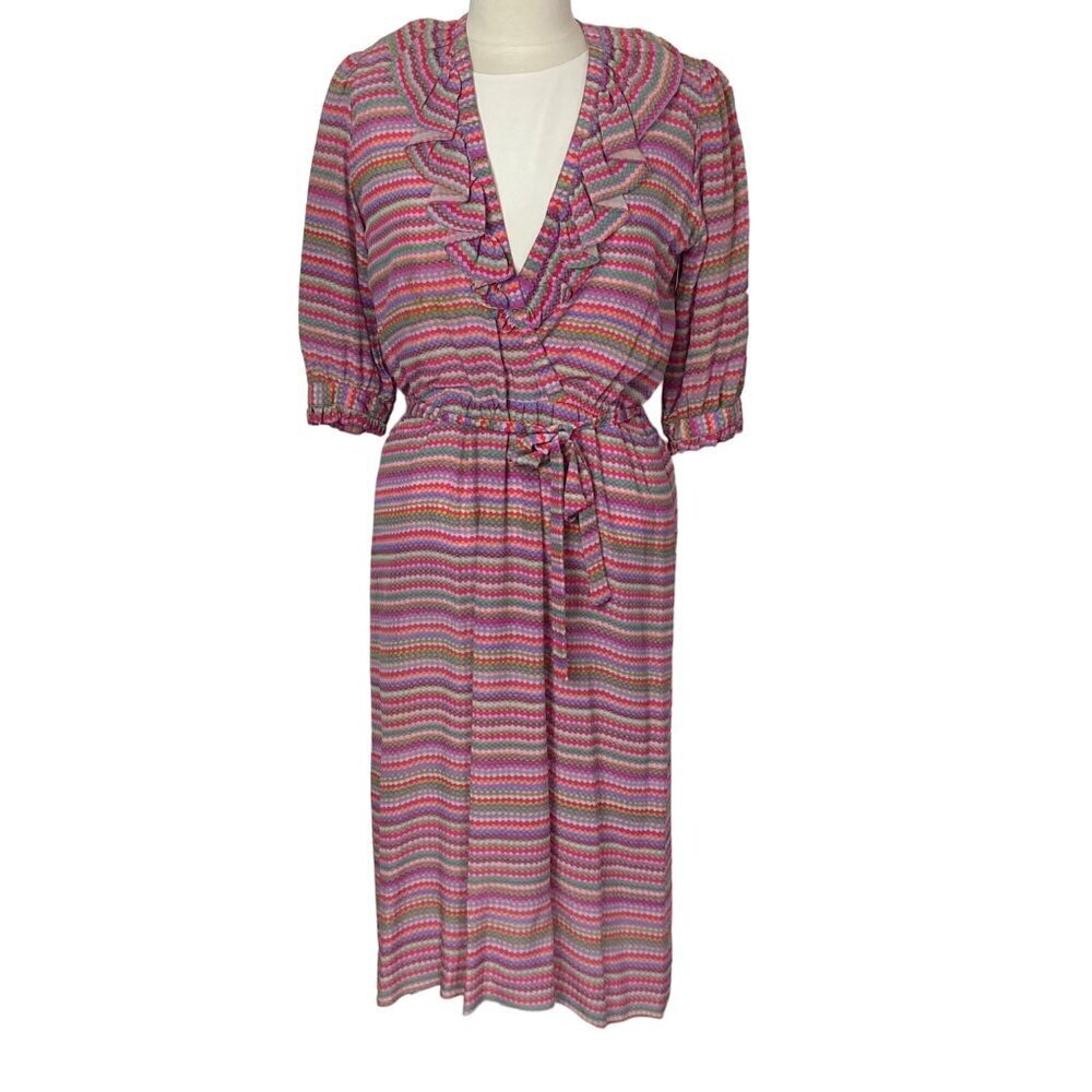 Vintage 80s Silksensible Ruffle Collar Dress Womens 10 Belt  Pockets Pink
